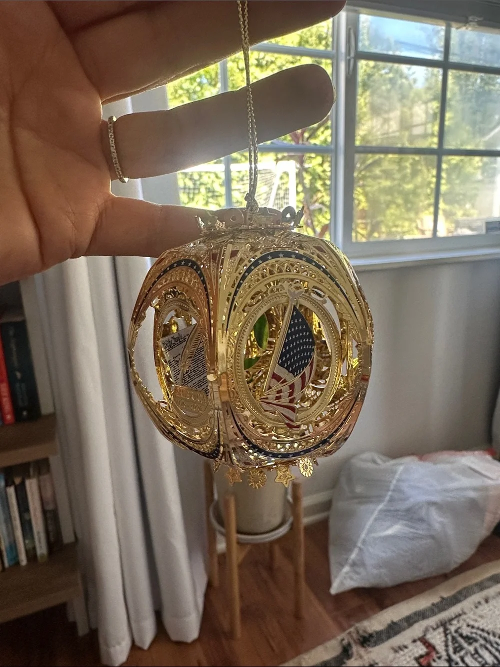 Gold Filigree Holiday Ornament with American Flag Detail